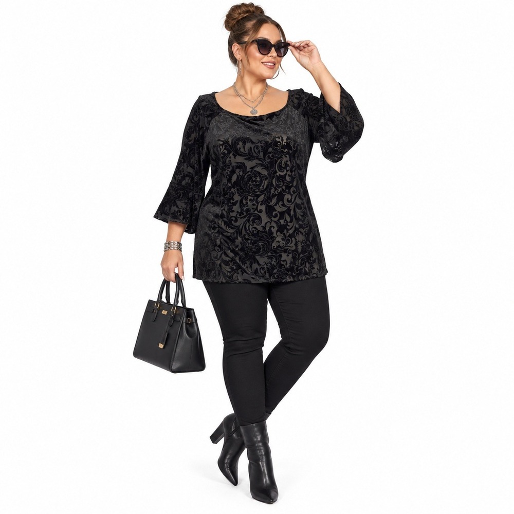 New Directions Curvy Women 2X Black Velvet Devore Burnout Bell Sleeve Top Gothic